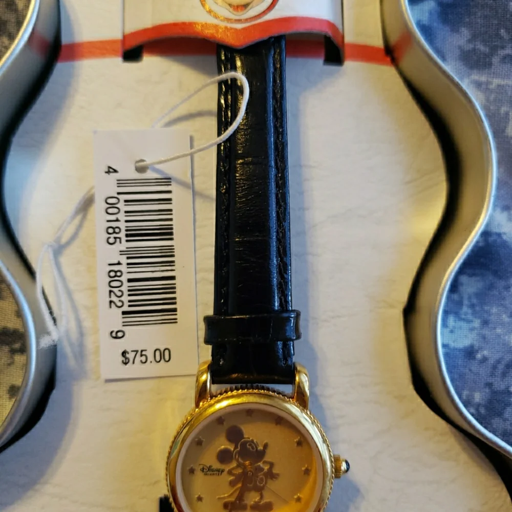 Disney Time Works Black And Gold Mickey Mouse Leather Watch In Mickey Mouse Tin